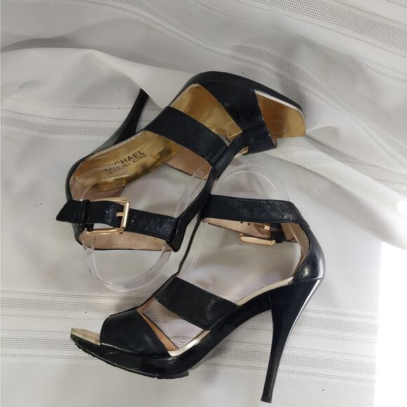 MICHAEL KORS! RICH BLACK GENUINE LEATHER, HARNESS FRONT/BUCKLE HEELS! SZ 6.5M - Picture 4 of 8